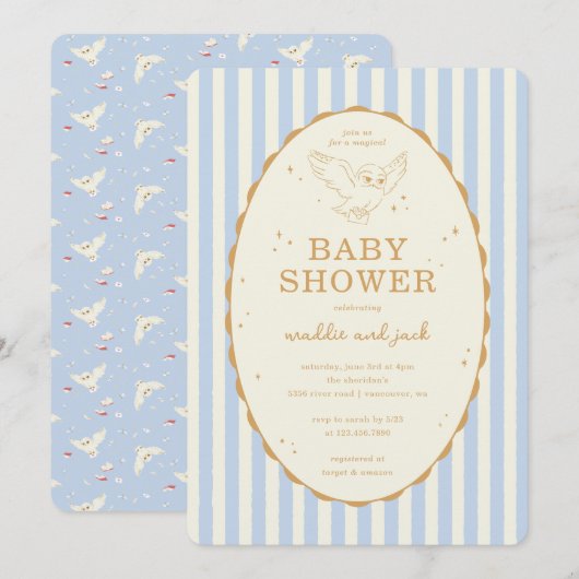 Harry Potter Hedwig Blaue Streifen Babyparty Einladung (Vorne/Hinten)