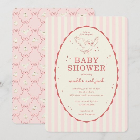 Harry Potter Hedwig Rosa Streifen Baby Shower Einladung (Vorne/Hinten)