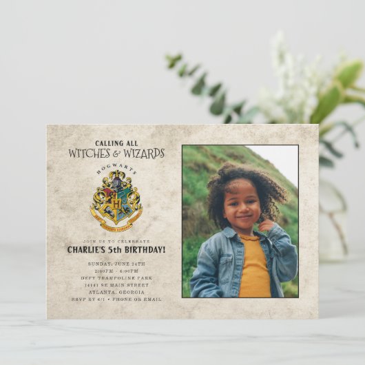 Harry Potter Hogwarts Crest Birthday - Foto Einladung (Stehend Vorderseite)
