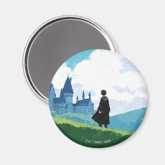 HARRY POTTER™ mit Blick auf das Schloss HOGWARTS™ Magnet (Vorderseite/Rückseite)
