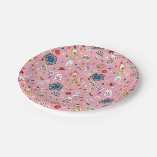 HARRY POTTER™ | Schokoladenfrosch und -muster Pappteller (Schrägansicht)