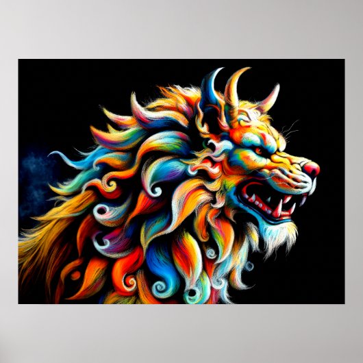 Hart Pastel Zeichnend chinesischer Fooshund farben Poster (Vorne)