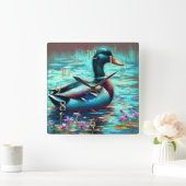 Hart Pastel Zeichnend Gemälde einer Mallard-Ente Quadratische Wanduhr (Zuhause)