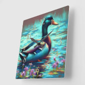 Hart Pastel Zeichnend Gemälde einer Mallard-Ente Quadratische Wanduhr (Winkel)