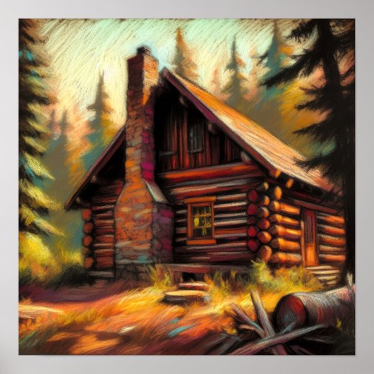 Hart Pastel Zeichnend Holzhütte im Wald Poster (Vorne)