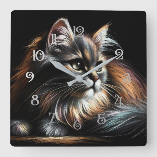 Hart Pastel Zeichnend Katze Quadratische Wanduhr (Vorderseite)