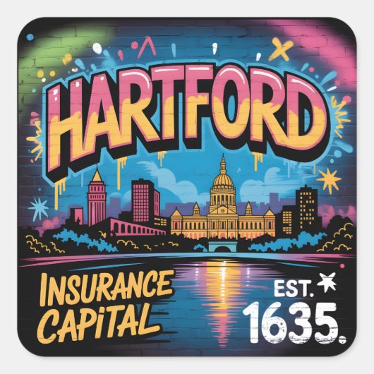 Hartford Connecticut Graffiti Mural Skyline Art Quadratischer Aufkleber (Vorderseite)