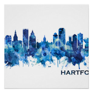 Hartford Connecticut Skyline Blue Poster