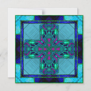 Hartglas Celtic Cross in Blue und Aqua Magneteinladung