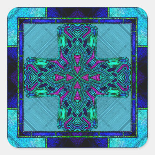Hartglas Celtic Cross in Blue und Aqua Quadratischer Aufkleber