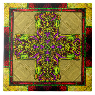 Hartglas Celtic Cross in Rot und Gold Fliese