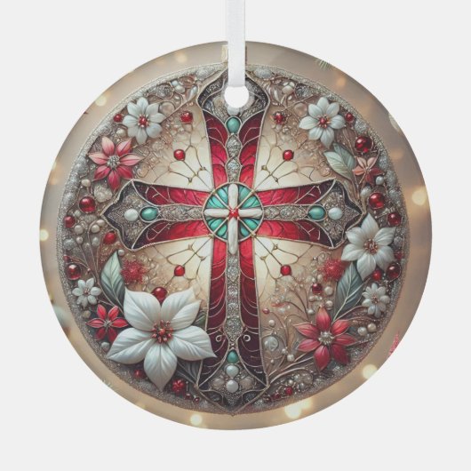 Hartglas Cross und Poinsettias Ornament Aus Glas (Vorderseite)