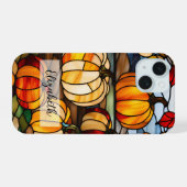 Hartglas-Fenster mit Pumpkins iPhone 15 Hülle (Rückseite (Horizontal))