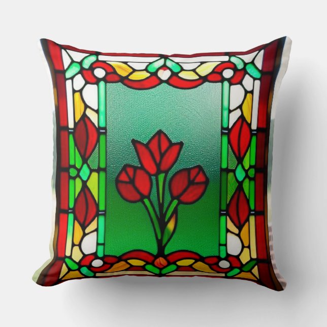 Hartglas-Fenster mit roter Blume Kissen (Vorderseite)