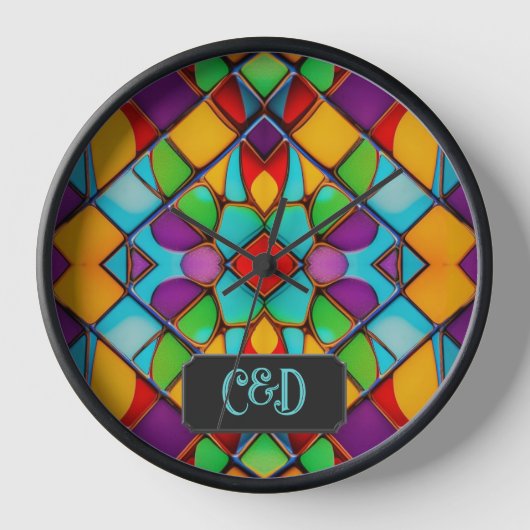 Hartglas - Helle, farbige Fliesen - Monogramm Uhr (Vorderseite)