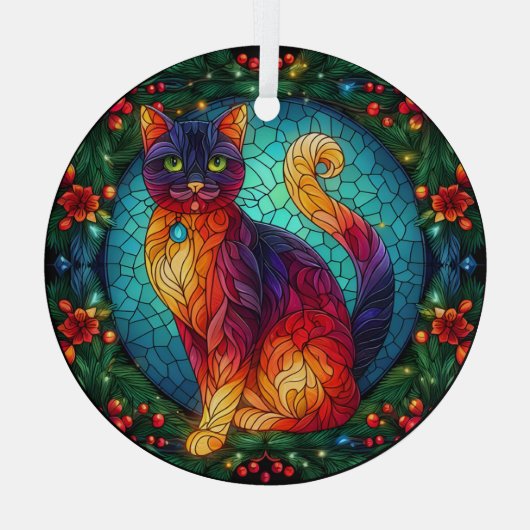 Hartglas-Katze mit Weihnachtsfeige Ornament Aus Glas (Rückseite)