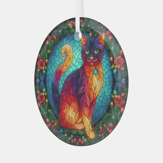 Hartglas-Katze mit Weihnachtsfeige Ornament Aus Glas (Vorderseite links)