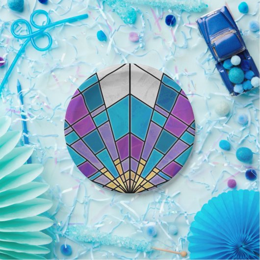 Hartglas mit blauem und Lila Winkelmuster Pappteller (Party)