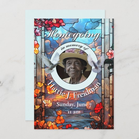 Hartglas mit Tauben, Beerdigung Ankündigung (Vorne/Hinten)