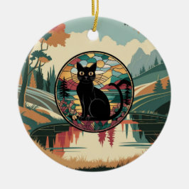 Hartglas, schwarze Katze, farbig gestanztes Glas Keramik Ornament