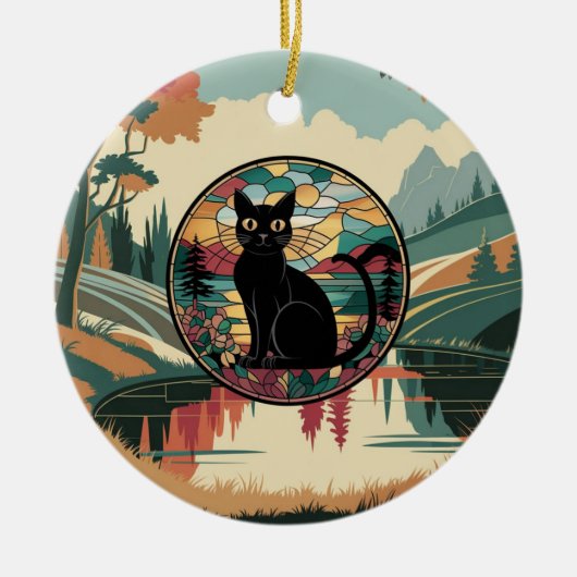 Hartglas, schwarze Katze, farbig gestanztes Glas Keramik Ornament (Vorne)