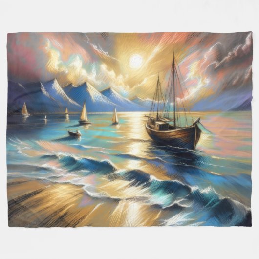 Hartpastel Zeichnend Boote Wasser Fleecedecke (Vorderseite (Horizontal))