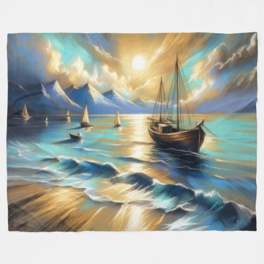 Hartpastel Zeichnend Boote Wasser Fleecedecke (Vorderseite (Horizontal))