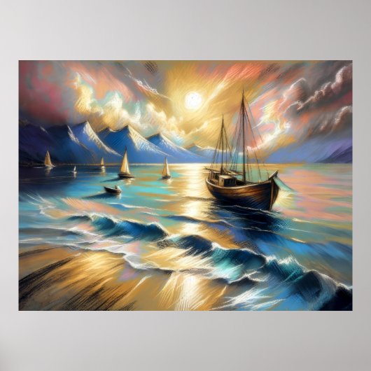 Hartpastel Zeichnend Boote Wasser Poster (Vorne)