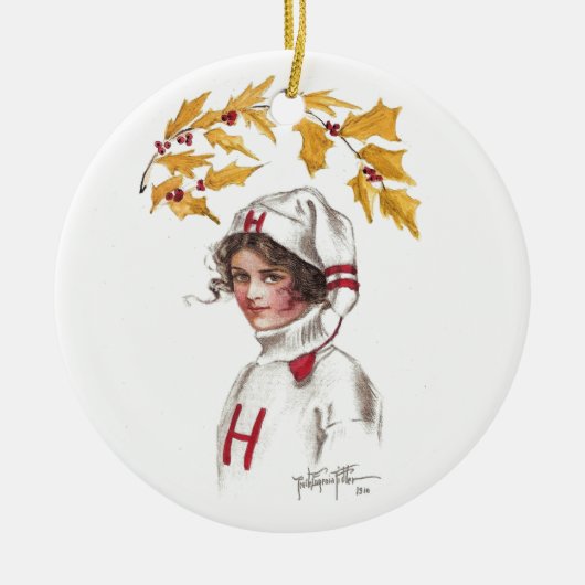 Harvard Coed im Winter mit Holly Branch Keramikornament (Vorne)