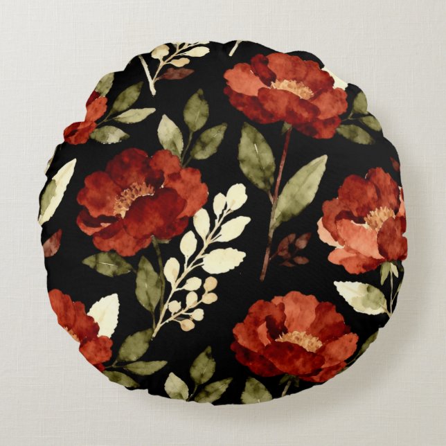 Harvest Ember Pattern | Rust Red & Olive Floral  Rundes Kissen (Vorderseite)