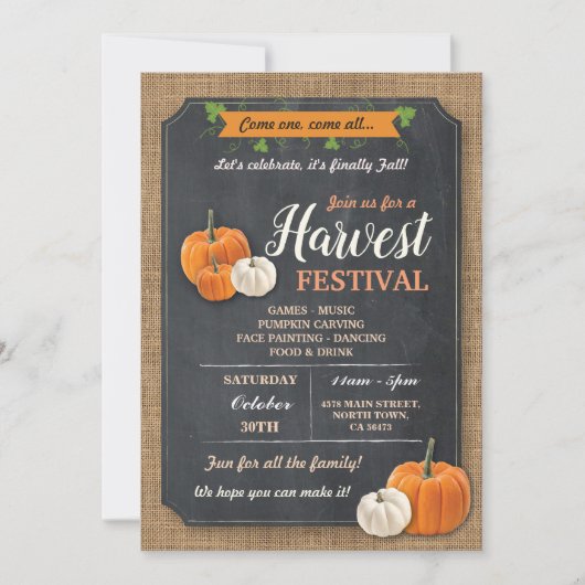 Harvest Festival Pumpkin Rustikale Chalk Einladung (Vorderseite)