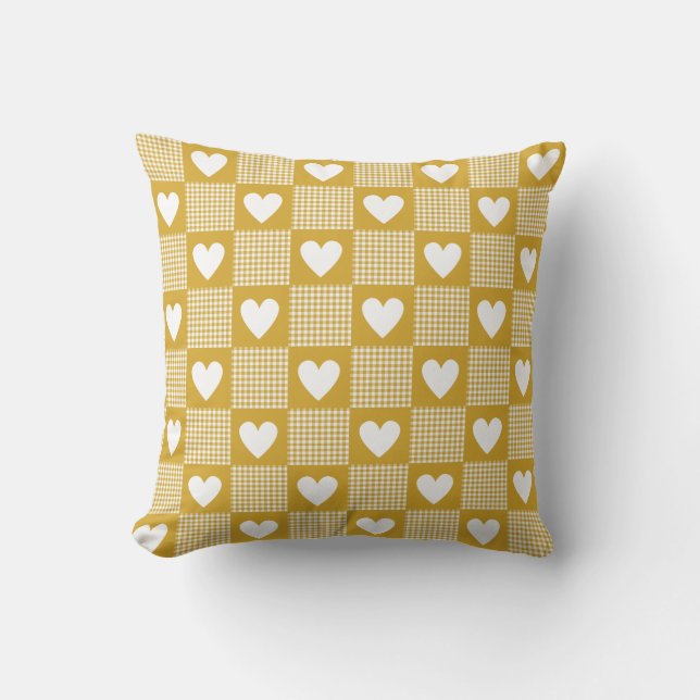 Harvest Gold Gingham Heart Patch Plaid Kissen (Vorderseite)