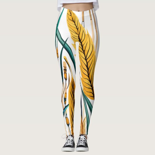 Harvest Harmony: Ein Weizenmuster auf einer weißen Leggings (Vorderseite)