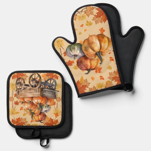 Harvest Pumpkin Oven Mitt and Pot Holder Set (Vorderseite/Rückseite)