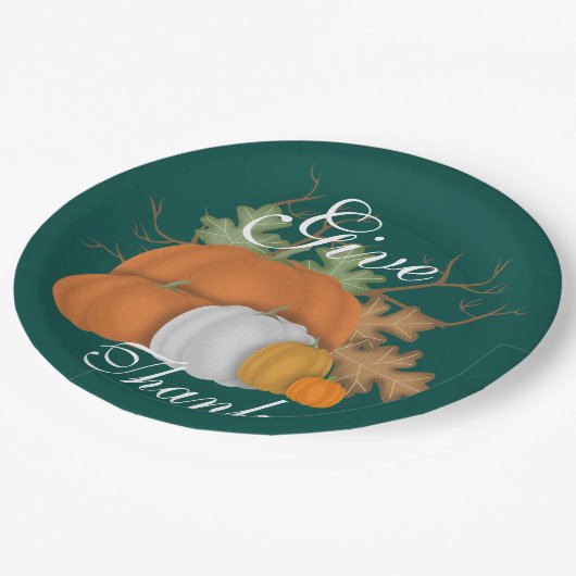 Harvest Pumpkins und Eichen Blätter geben Dank Cus Pappteller (Schrägansicht)