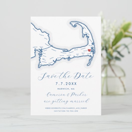 Harwich MA Cape Cod Map Navy Blue Wedding Save The Date (Stehend Vorderseite)