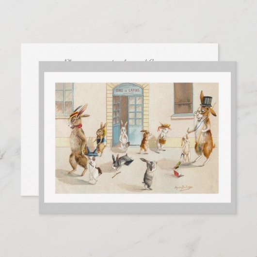 Häschen an der Schule - niedliche Ostern-Party Einladung (Vorne/Hinten)