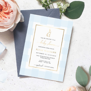 Häschen Blau Gingham Baby Shower Folien-Einladung Folieneinladung