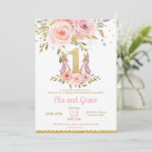 Häschen-Doppelmädchen-1. Geburtstags-Einladung Einladung (Stehend Vorderseite)