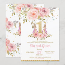 Häschen-Doppelmädchen-1. Geburtstags-Einladung