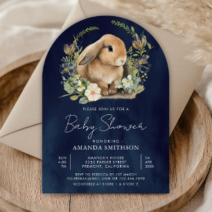 Häschen Hellgrün Blumen Navy Blau Bogen Babyparty Einladung