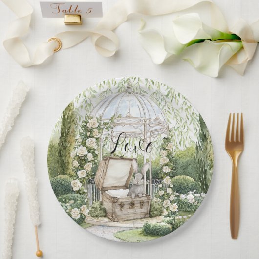 Häschen in Brust grüne Blätter Blume Pappteller (Hochzeit)