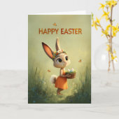 Häschen in orangem Kleid mit Blumenkrone Ostern Karte (Gelbe Blume)