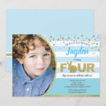 Häschen-Junge 4. Geburtstags-Fotoeinladung in Blau