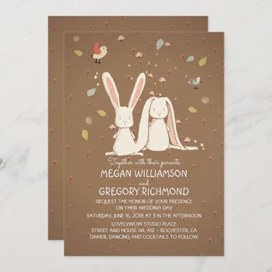 Häschen-Kaninchen-niedliche rustikale Waldhochzeit Einladung (Vorne/Hinten)