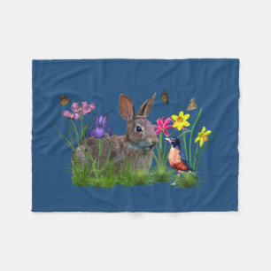 Häschen-Kaninchen, Robin und Blumen, kundengerech Fleecedecke