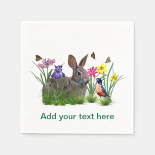Häschen-Kaninchen, Robin und Blumen, kundengerech Serviette