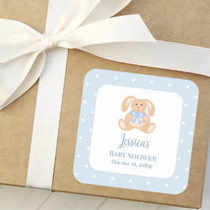 Häschen Klassische Polka Punkte Junge Baby Shower Quadratischer Aufkleber