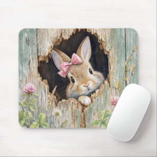 Häschen mit rosa Schleife, das aus einem Zaunloch Mousepad