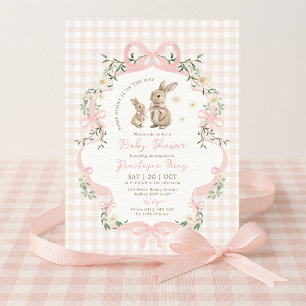 Häschen mit rosa Schleife, Gingham und Blumen für  Einladung